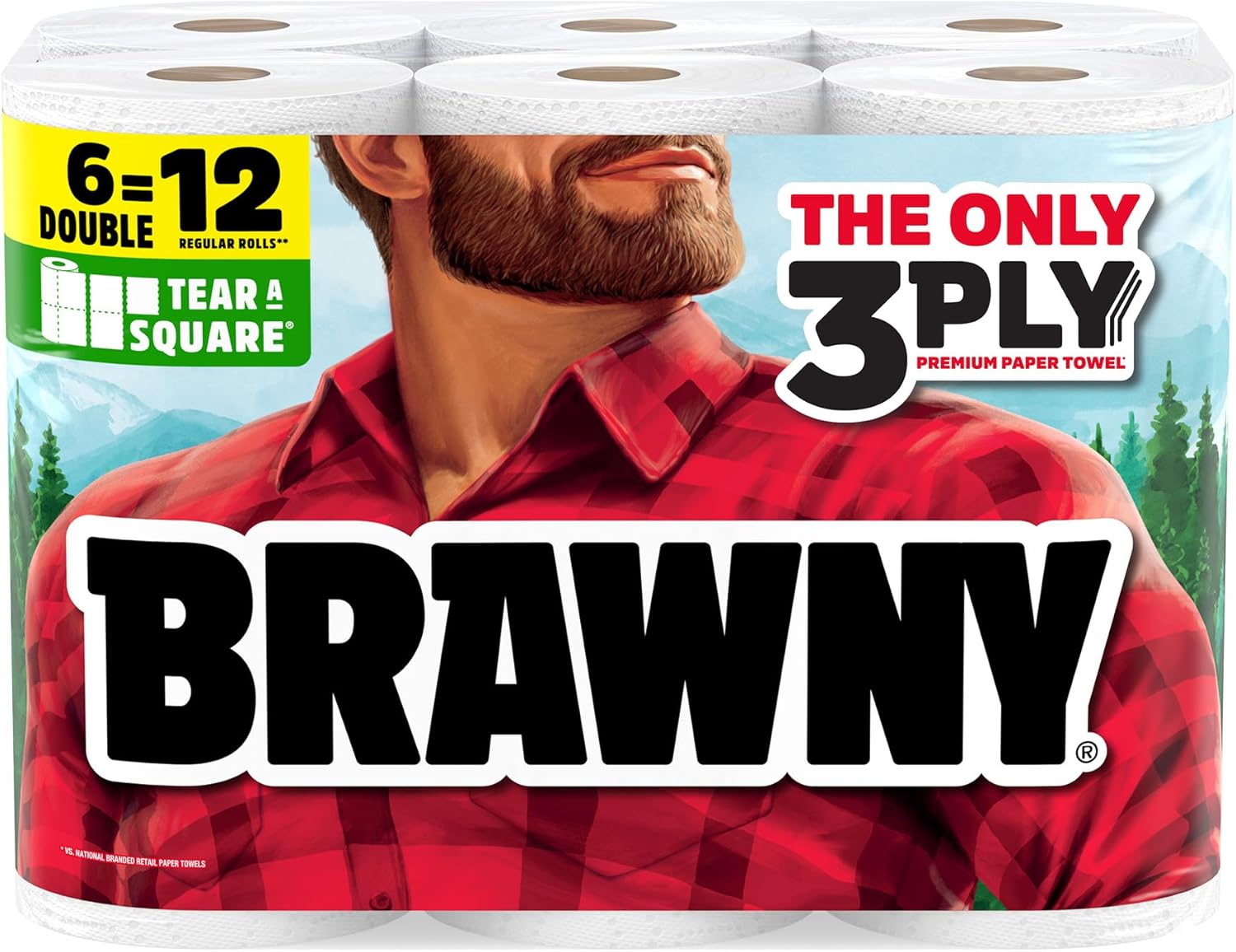 Brawny Tear-A-Square 3-ply paper towels, 6 double rolls = 12 regular, strong, absorbent, and durable with 3 sheet sizes (quarter, half, full)