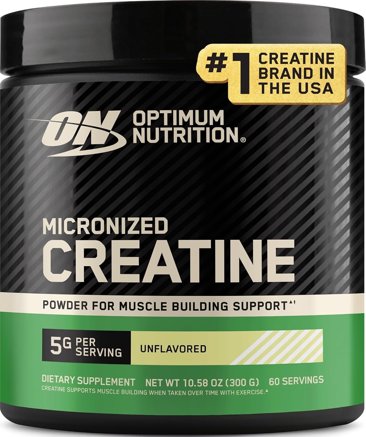 Optimum Nutrition Micronized Creatine Monohydrate — Unflavored, 5g per serving, 60 servings.