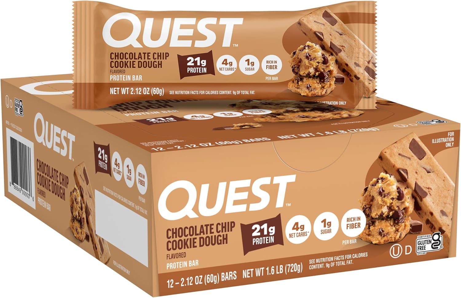 Quest Nutrition Chocolate Chip Cookie Dough Protein Bars, High Protein, Low Carb, Gluten Free, Keto Friendly, 12 Count | 21g Protein, 12g Fiber, 4g Net Carbs, Gluten Free, High Quality Protein, Soft and Chewy, Individually Wrapped 2.12oz Bars