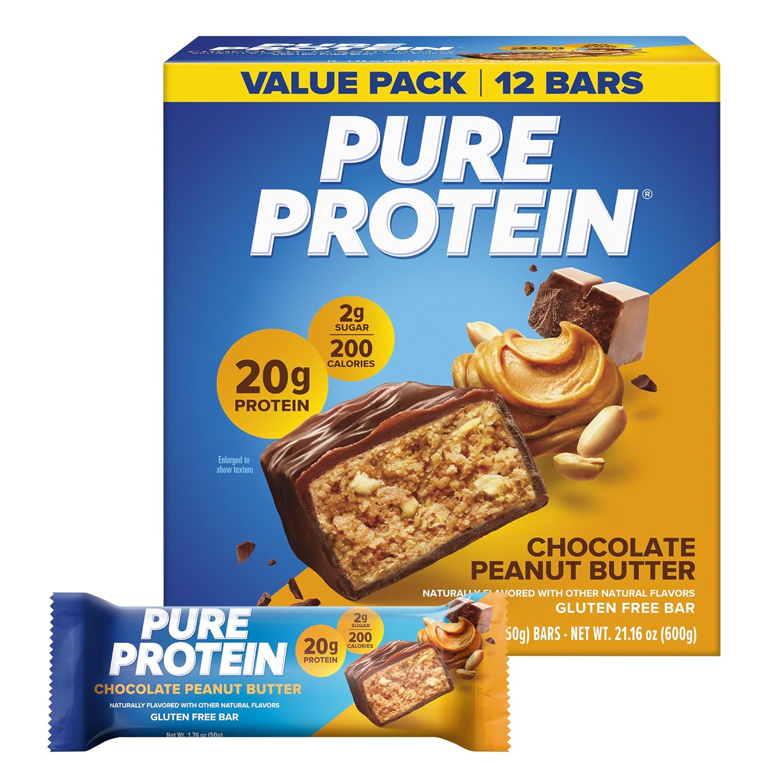 Pure Protein Chocolate Peanut Butter Protein Bars, 20g Protein, 12 Ct | 3g Sugar, 190 Calories, Low Sugar* High Protein Snack, Gluten Free